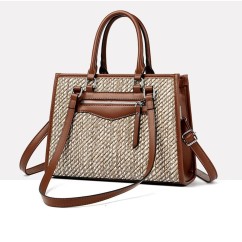 Large Capacity Elegant Lady Straw Bags PU Leather Woven Shoulder Bags Women Basket Sac Handbags