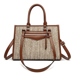 Large Capacity Elegant Lady Straw Bags PU Leather Woven Shoulder Bags Women Basket Sac Handbags