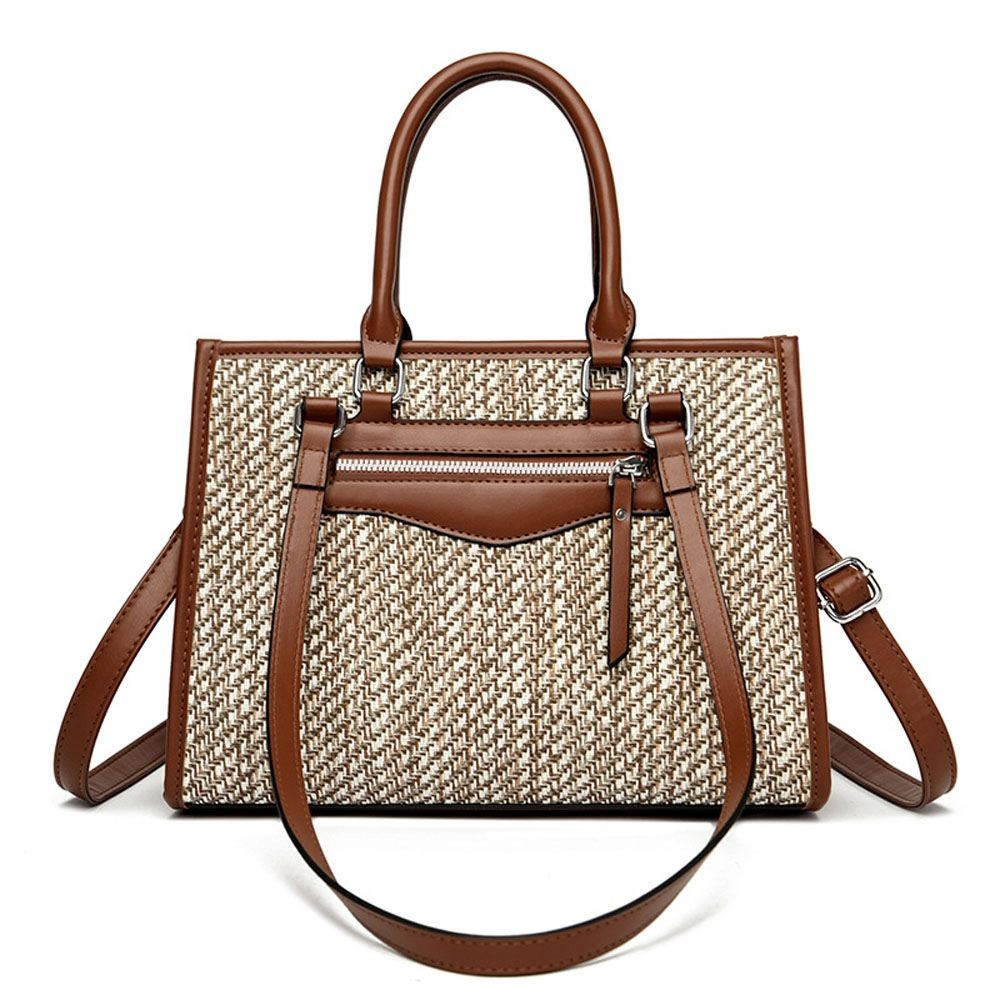 Large Capacity Elegant Lady Straw Bags PU Leather Woven Shoulder Bags Women Basket Sac Handbags