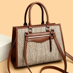 Large Capacity Elegant Lady Straw Bags PU Leather Woven Shoulder Bags Women Basket Sac Handbags