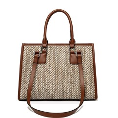 Large Capacity Elegant Lady Straw Bags PU Leather Woven Shoulder Bags Women Basket Sac Handbags