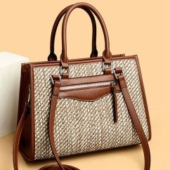 Large Capacity Elegant Lady Straw Bags PU Leather Woven Shoulder Bags Women Basket Sac Handbags