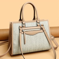 Large Capacity Elegant Lady Straw Bags PU Leather Woven Shoulder Bags Women Basket Sac Handbags