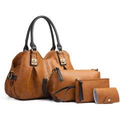 4 Pcs Set Women's Bag Rushed Design Hard PU Leather Ladies Handbag Shoulder Bag Purse and Card Bag Set