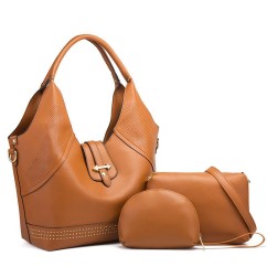 Women Rivet Bucket Handbag Large Capacity PU Leather Shoulder Bag Female Wild 3 Pcs Set Retro Tote Messenger Bags