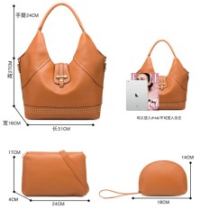 Women Rivet Bucket Handbag Large Capacity PU Leather Shoulder Bag Female Wild 3 Pcs Set Retro Tote Messenger Bags