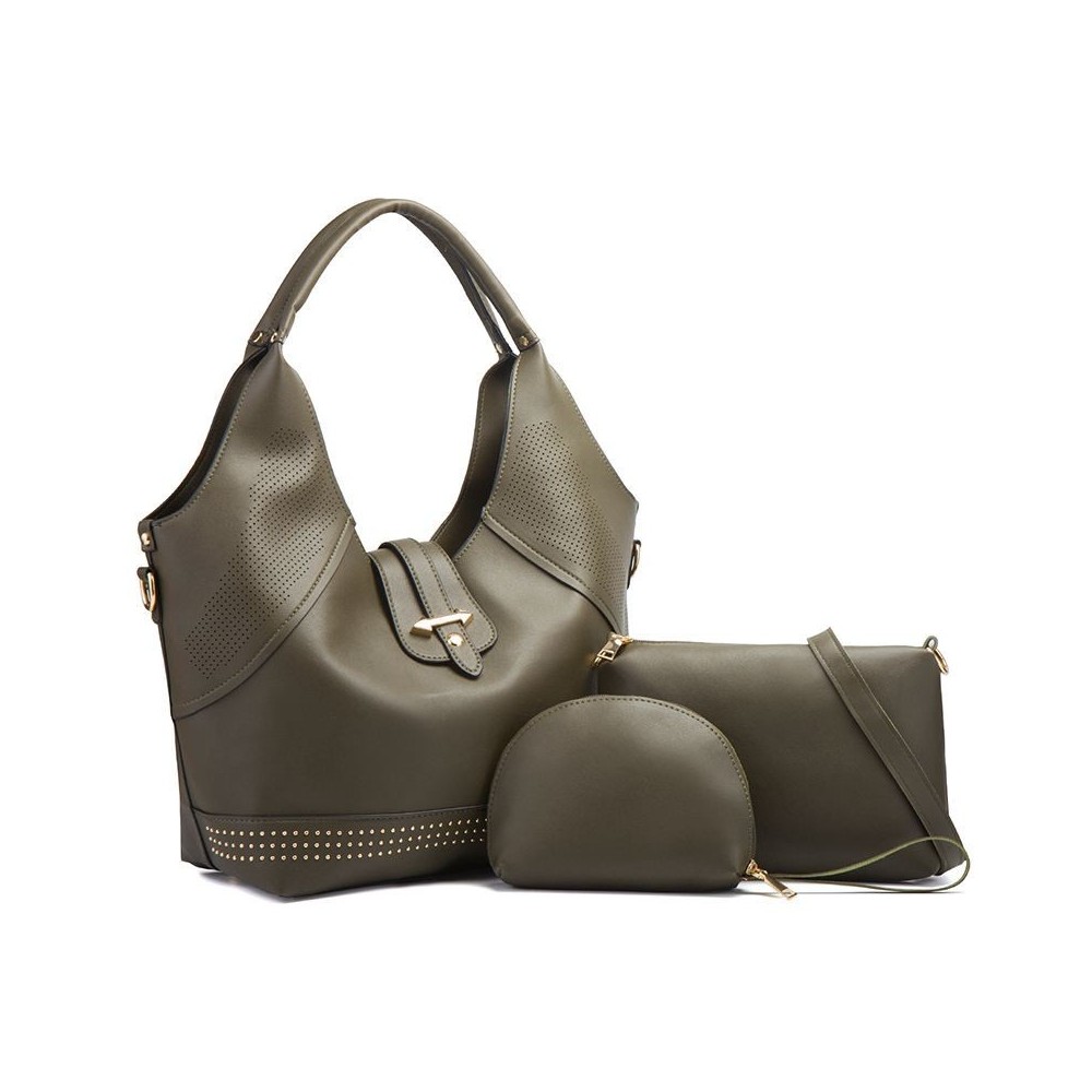 Women Rivet Bucket Handbag Large Capacity PU Leather Shoulder Bag Female Wild 3 Pcs Set Retro Tote Messenger Bags